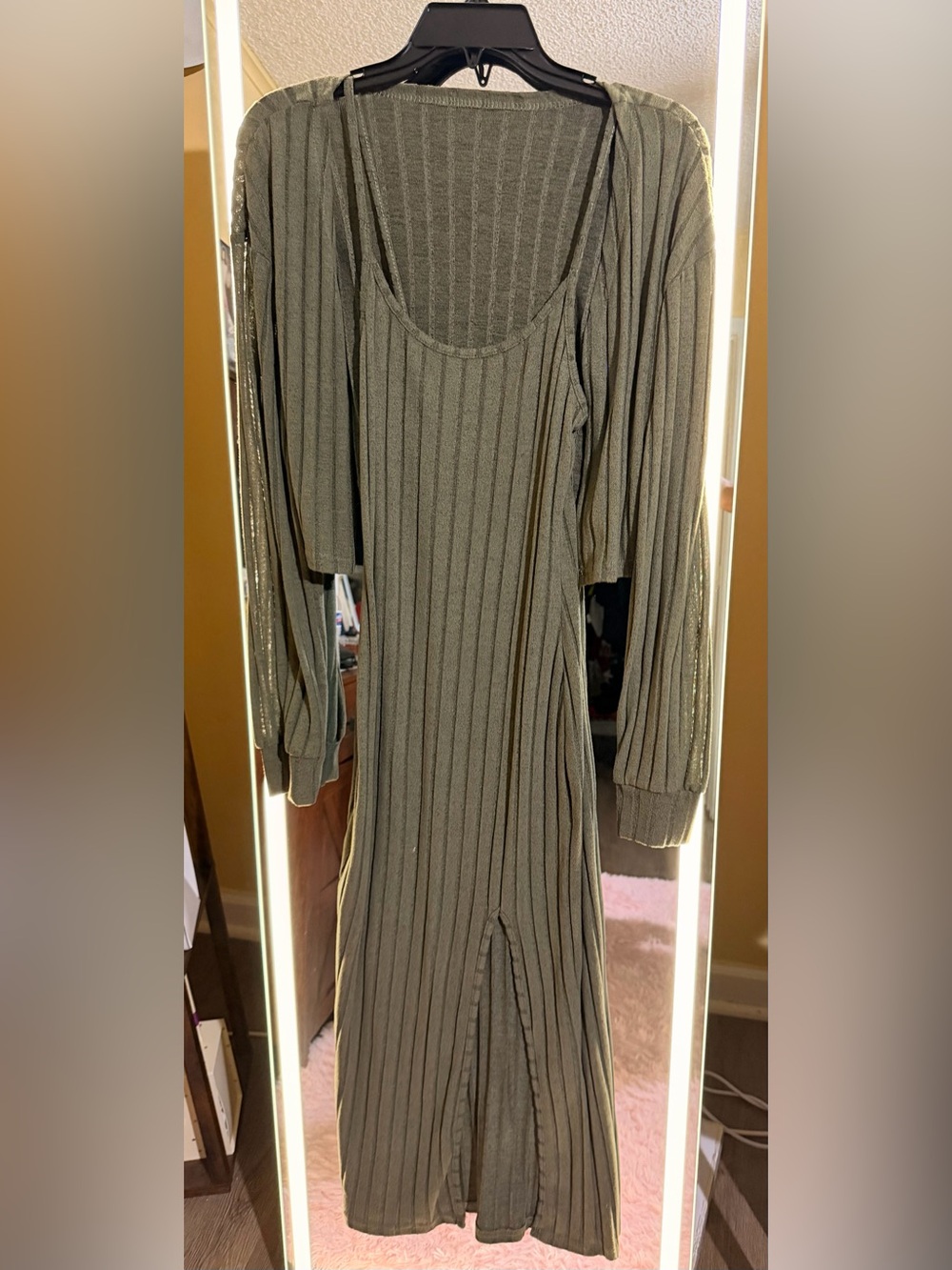Ribbed Long Sleeve Knit Dress - Olive Green Two Pieces Set
